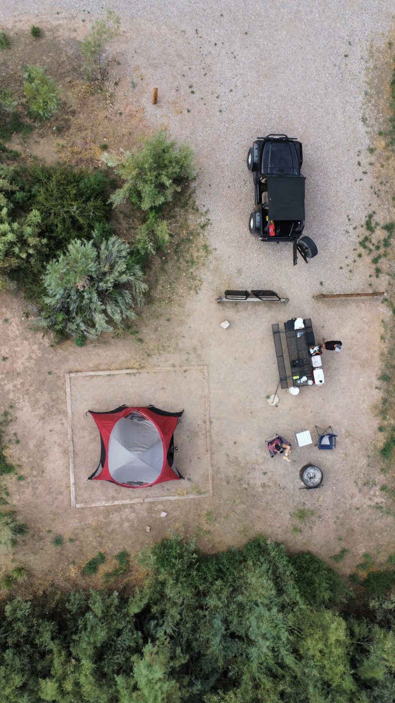 Overland camp setup at dusk